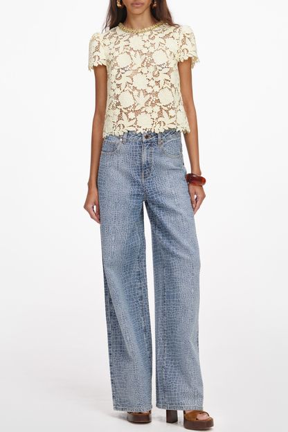 Synce Pearl Embellished Lace Top - Beige