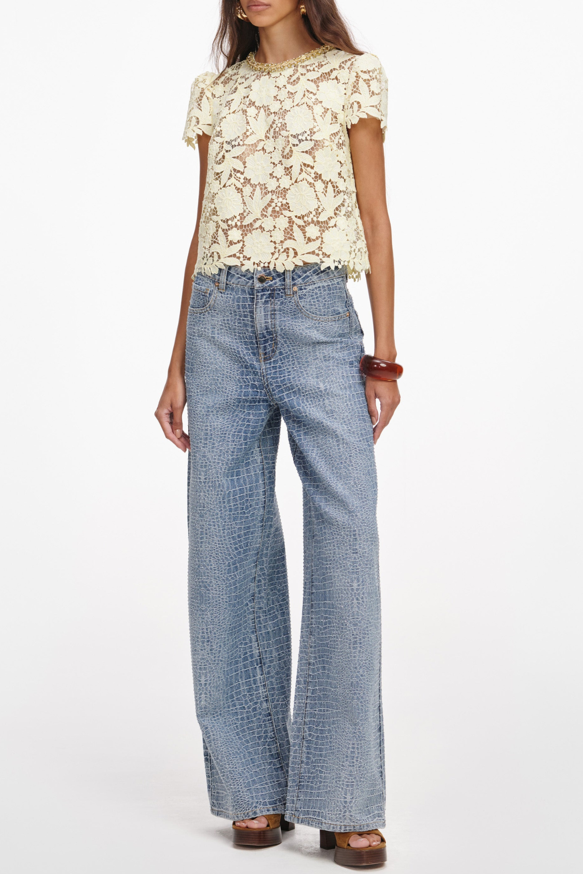 Synce Pearl Embellished Lace Top - Beige