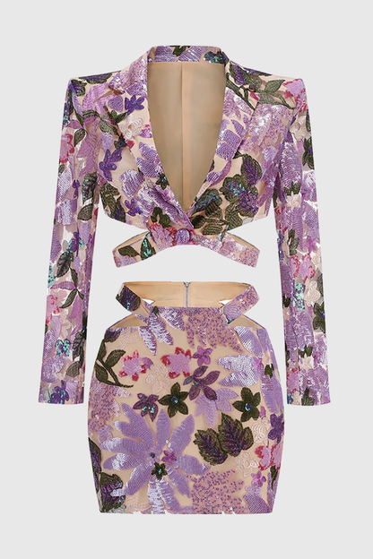 Tadeye Floral Sequin Blazer & Mini Skirt Set