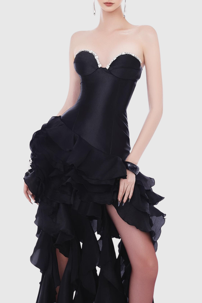 Takara Strapless Ruffle Maxi Dress - Black