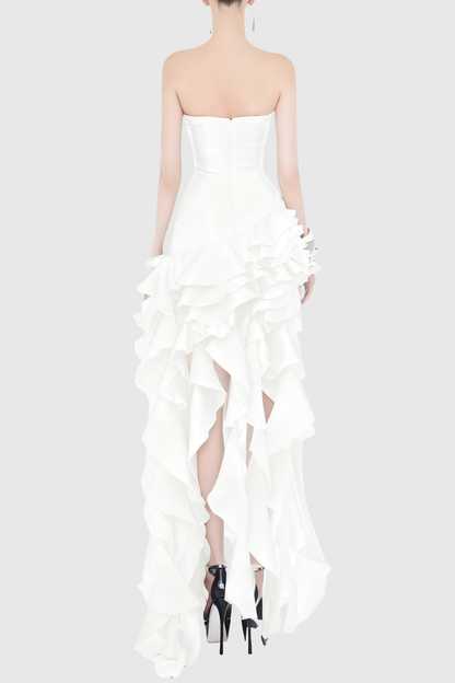 Takara Strapless Ruffle Maxi Dress - White
