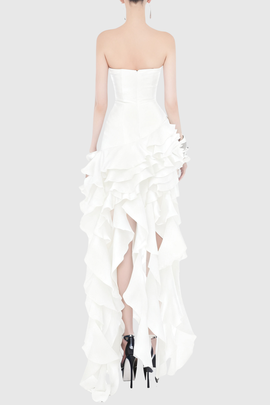 Takara Strapless Ruffle Maxi Dress - White