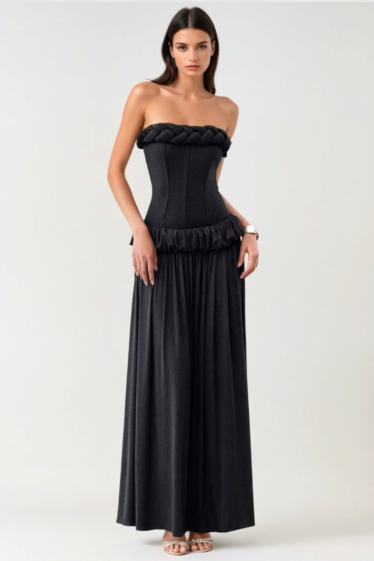 Tandena Strapless Rope Ruched Maxi Dress - Black
