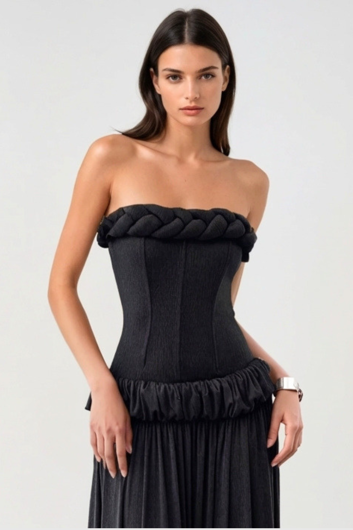 Tandena Strapless Rope Ruched Maxi Dress - Black