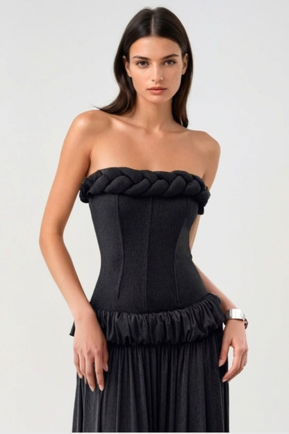 Tandena Strapless Rope Ruched Maxi Dress - Black