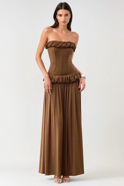 Tandena Strapless Rope Ruched Maxi Dress - Brown