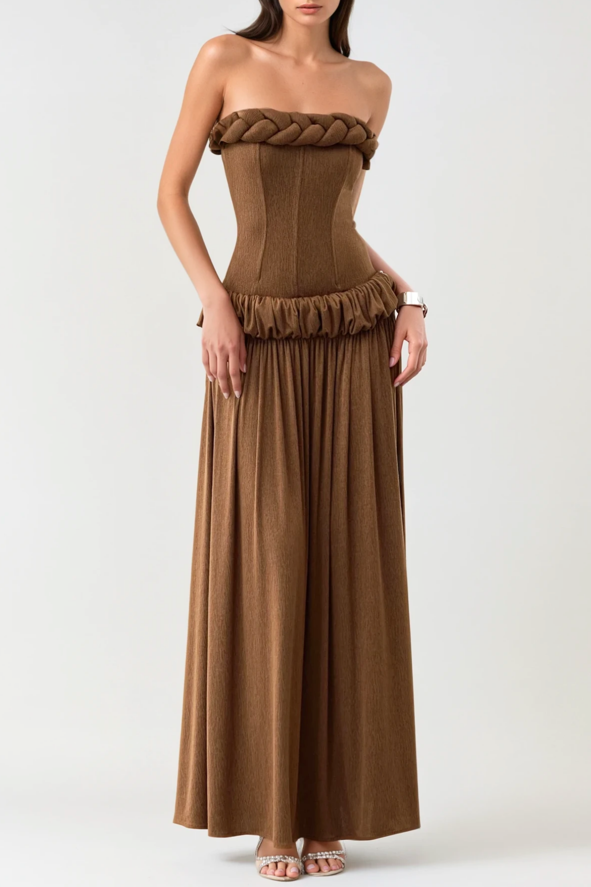 Tandena Strapless Rope Ruched Maxi Dress - Brown