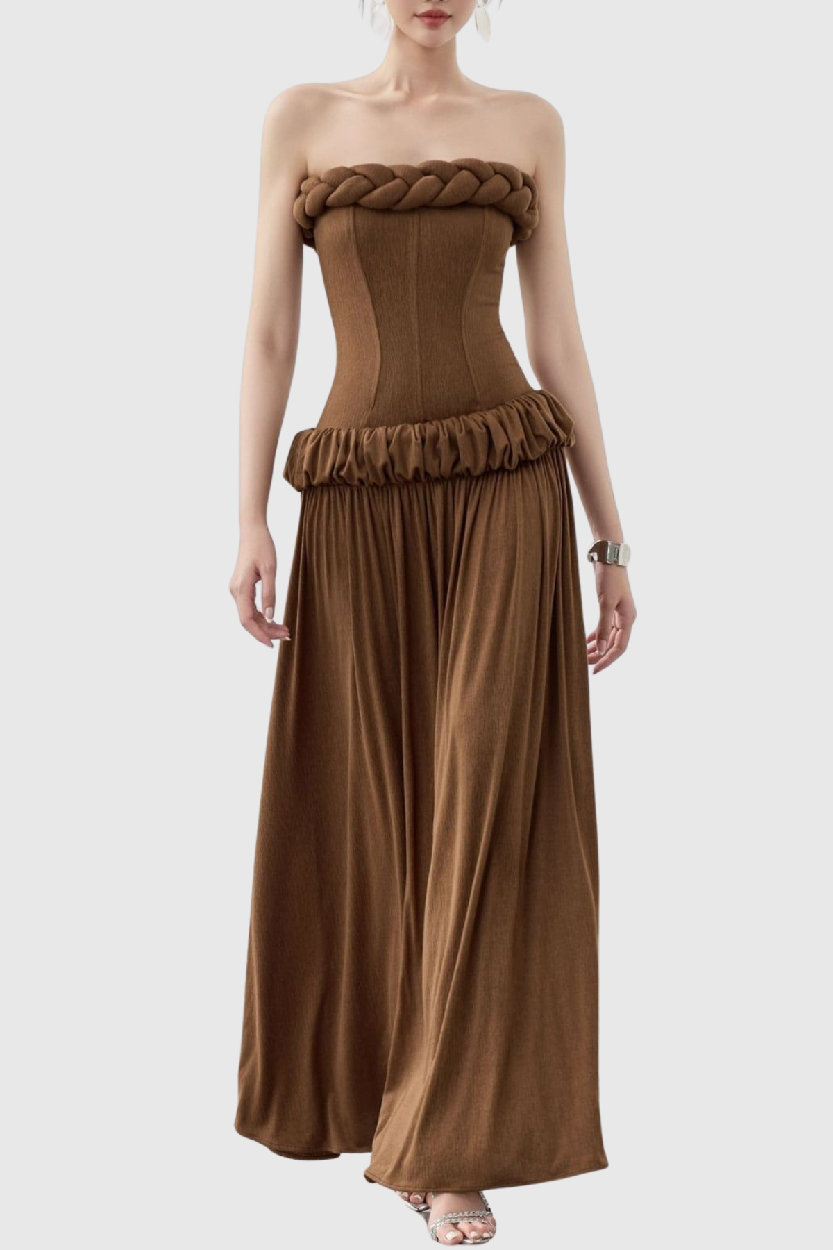Tandena Strapless Rope Ruched Maxi Dress - Brown