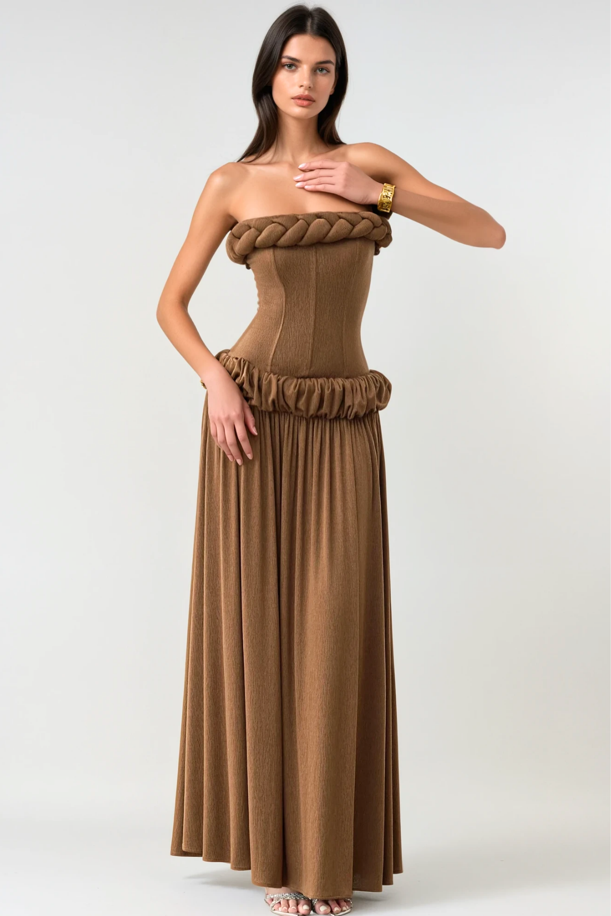 Tandena Strapless Rope Ruched Maxi Dress - Brown