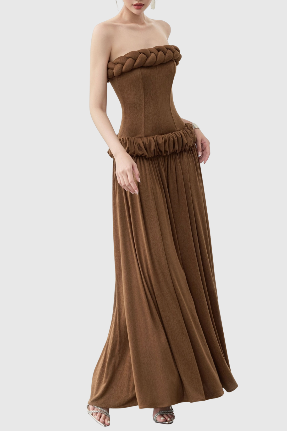 Tandena Strapless Rope Ruched Maxi Dress - Brown