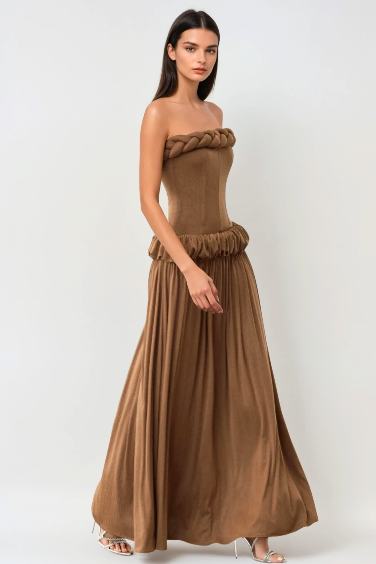 Tandena Strapless Rope Ruched Maxi Dress - Brown