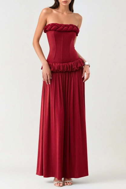 Tandena Strapless Rope Ruched Maxi Dress - Red