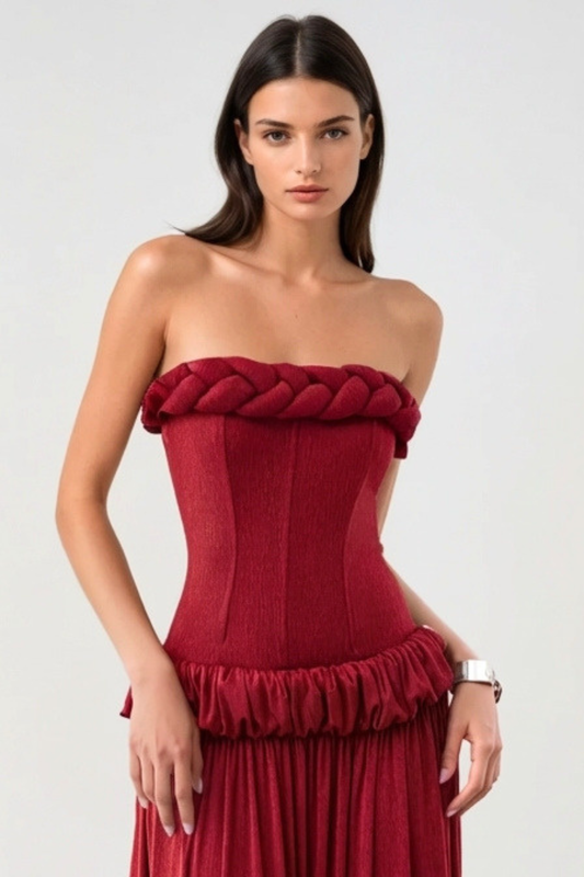 Tandena Strapless Rope Ruched Maxi Dress - Red