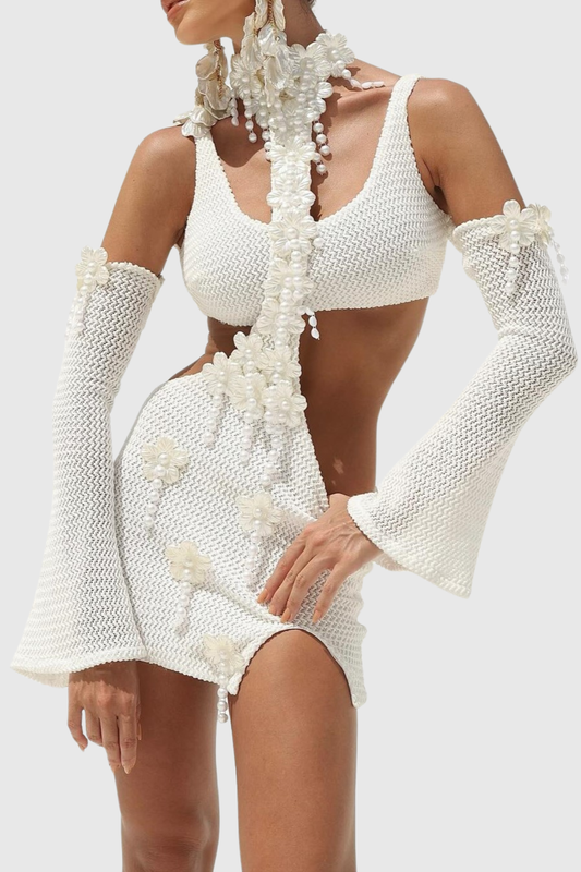 Taran Pearl Embellished Crochet Mini Dress