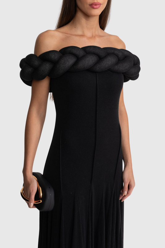 Esmere Off Shoulder Braid Knit Maxi Dress - Black