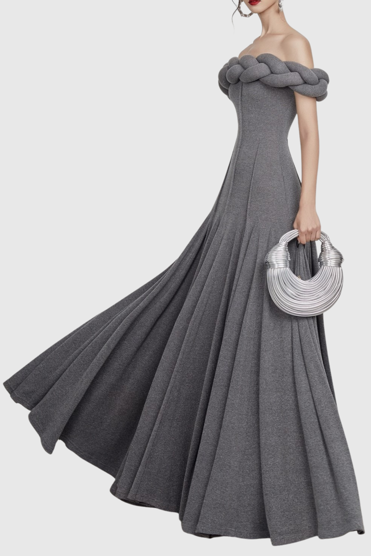 Esmere Off Shoulder Braid Knit Maxi Dress - Grey