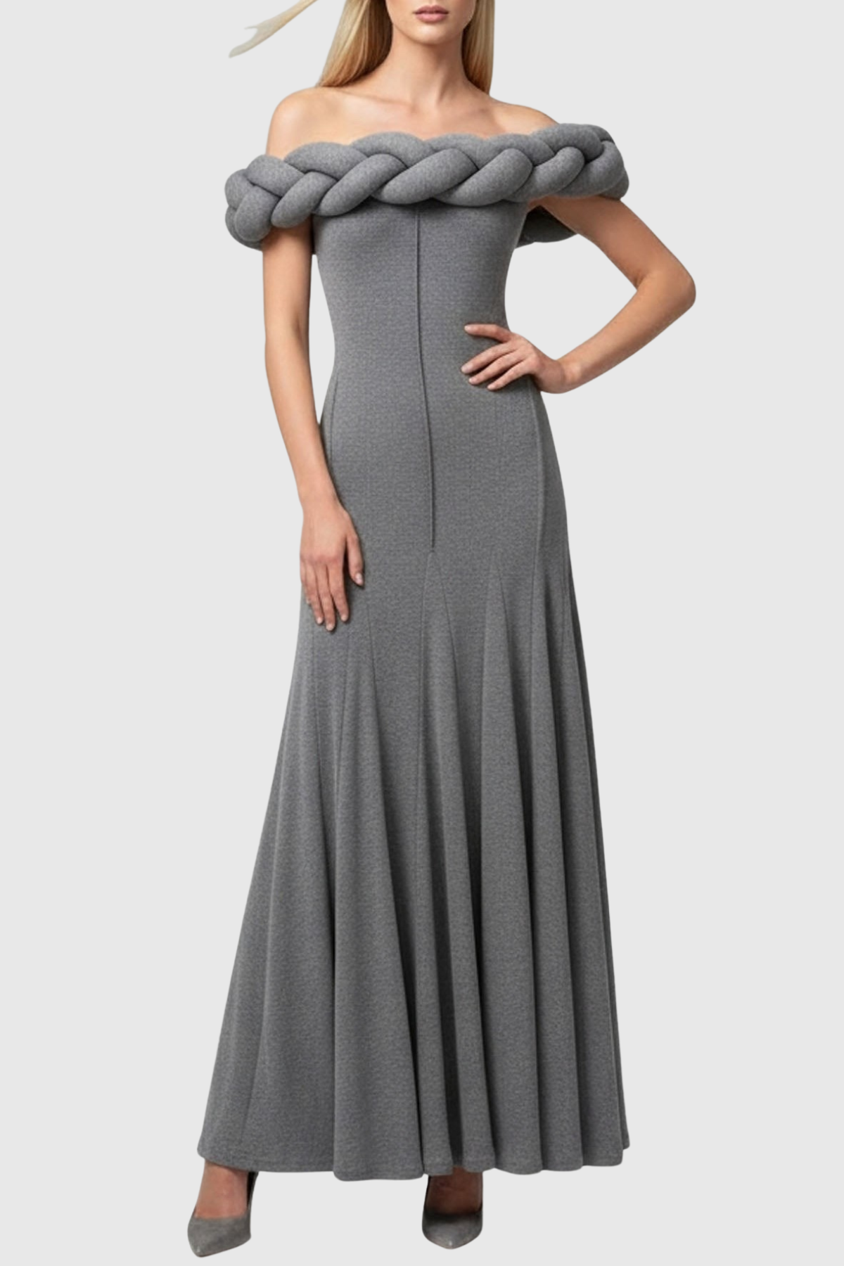 Esmere Off Shoulder Braid Knit Maxi Dress - Grey