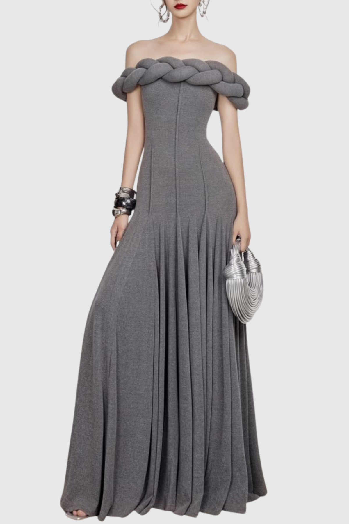 Esmere Off Shoulder Braid Knit Maxi Dress - Grey