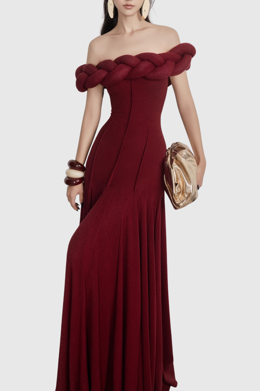 Esmere Off Shoulder Braid Knit Maxi Dress - Wine
