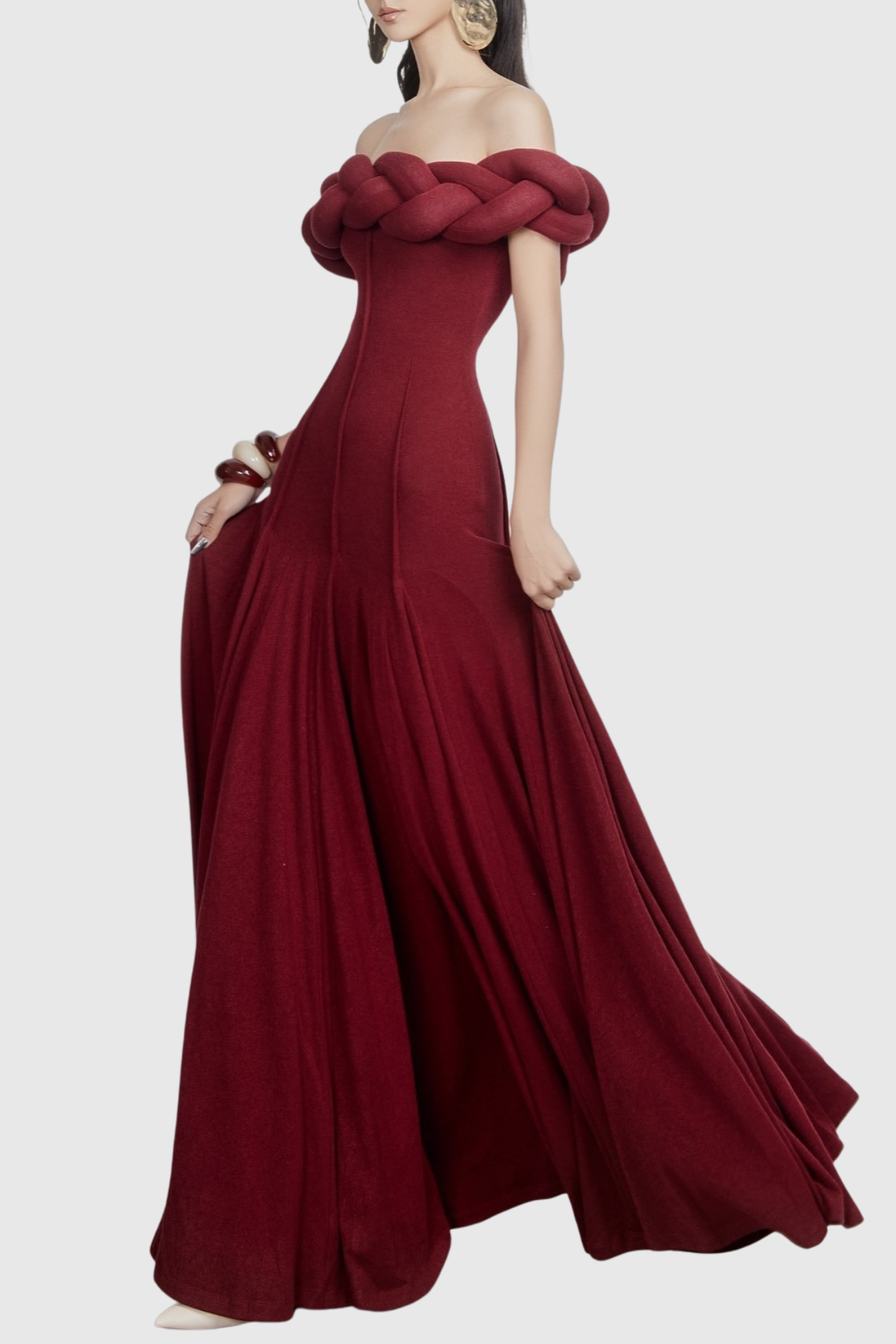 Esmere Off Shoulder Braid Knit Maxi Dress - Wine