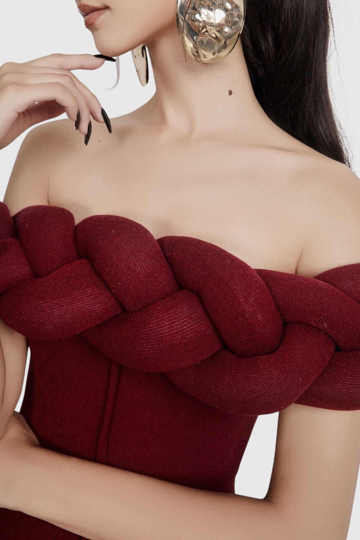 Esmere Off Shoulder Braid Knit Maxi Dress - Wine