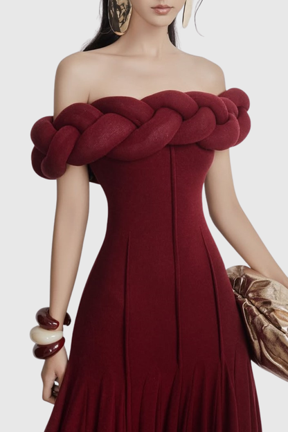 Esmere Off Shoulder Braid Knit Maxi Dress - Wine