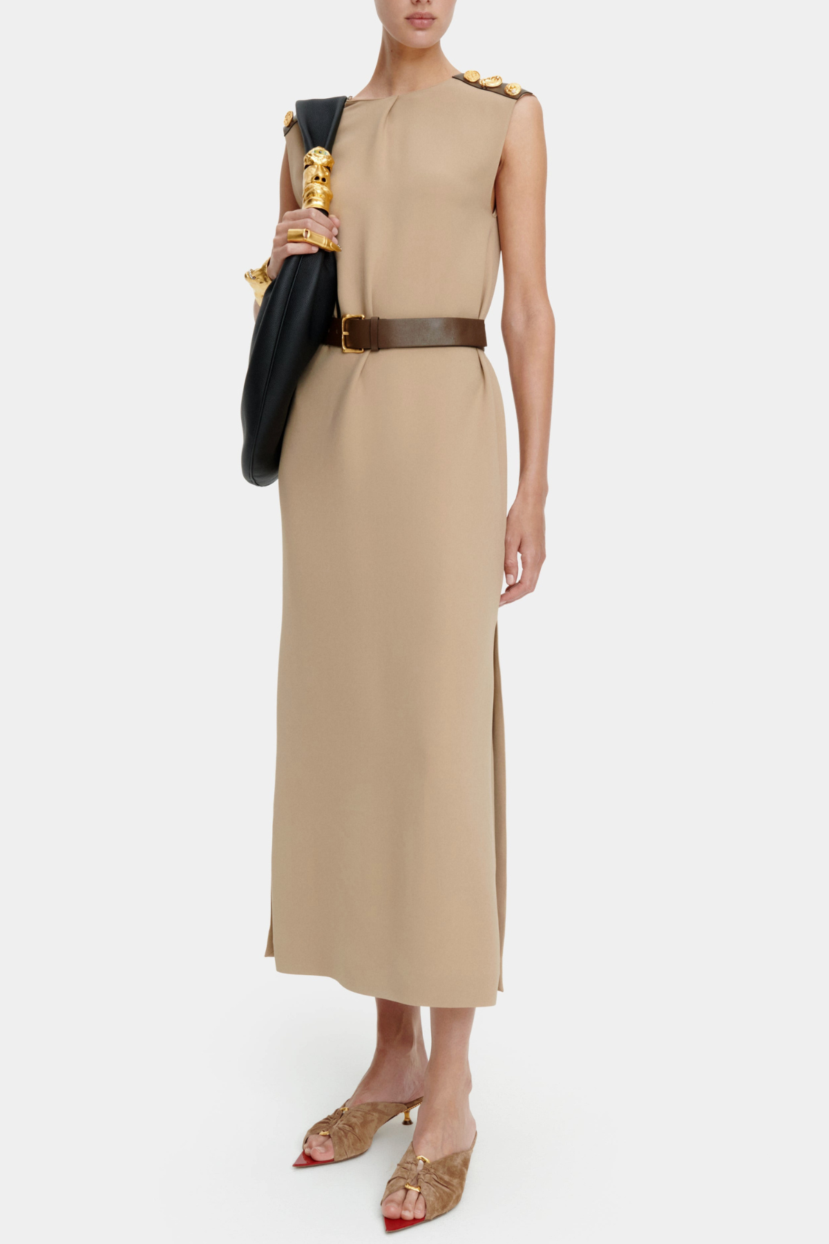 Tenley Buttoned Sleeveless Belted Midi Dress - Khaki