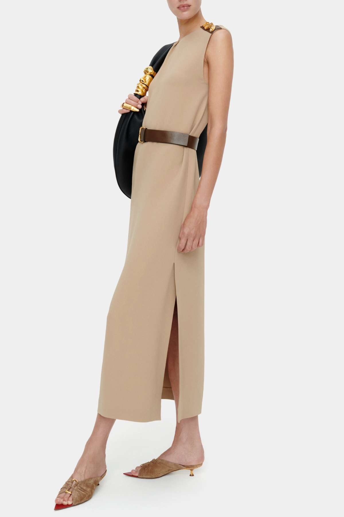 Tenley Buttoned Sleeveless Belted Midi Dress - Khaki