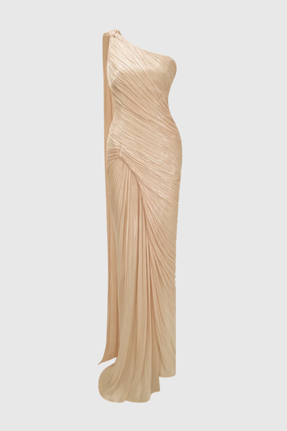 Thalassa One Shoulder Asymmetrical Pleated Maxi Dress - Beige