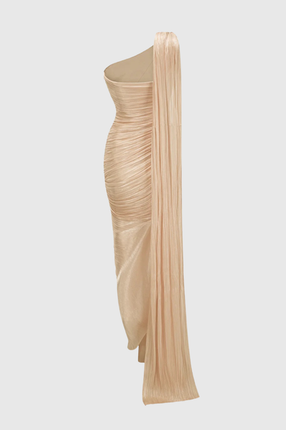Thalassa One Shoulder Asymmetrical Pleated Maxi Dress - Beige