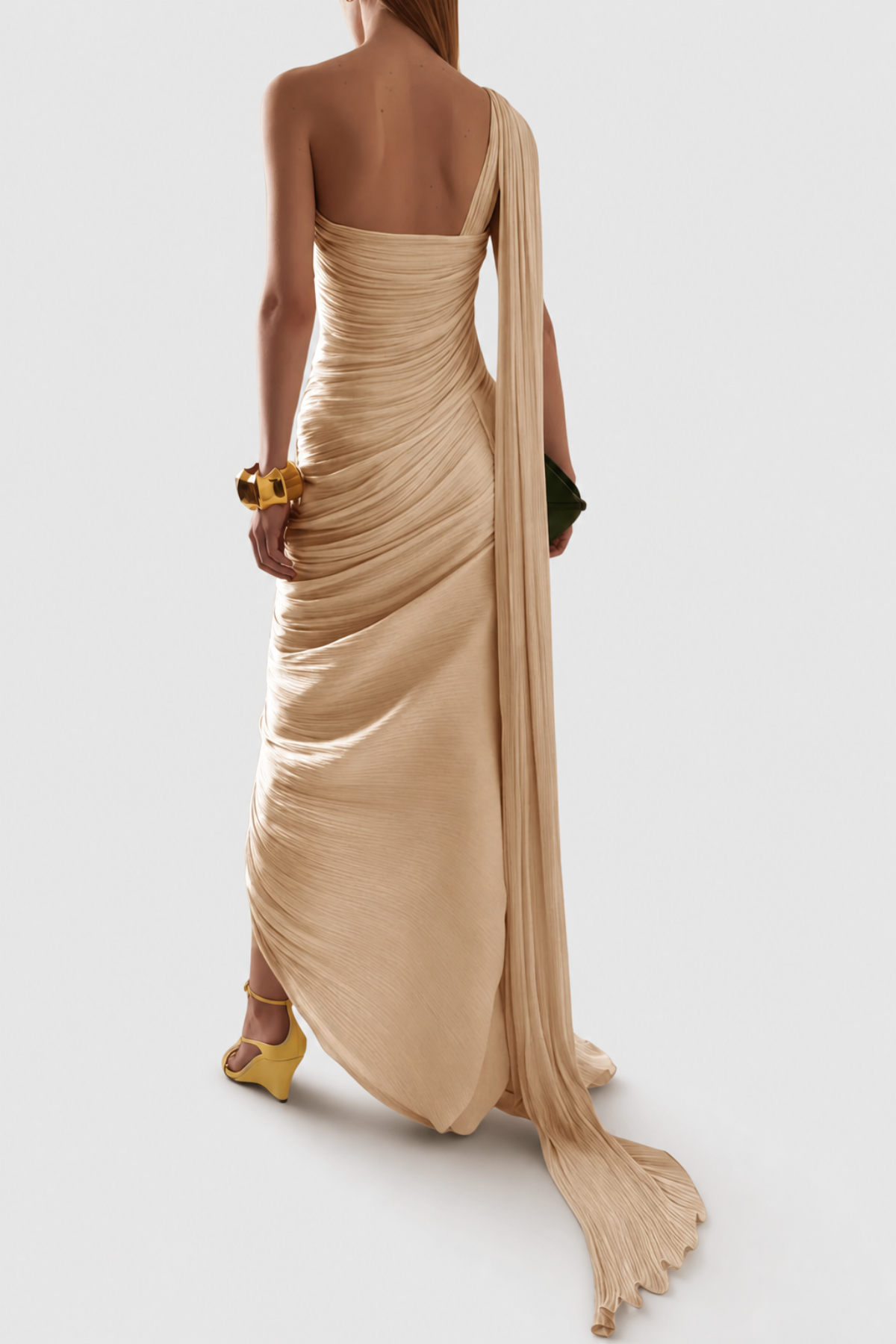 Thalassa One Shoulder Asymmetrical Pleated Maxi Dress - Beige