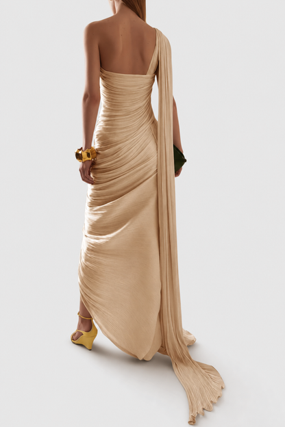 Thalassa One Shoulder Asymmetrical Pleated Maxi Dress - Beige