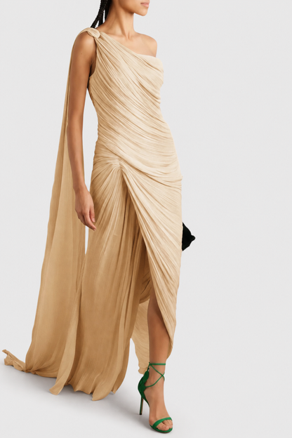 Thalassa One Shoulder Asymmetrical Pleated Maxi Dress - Beige