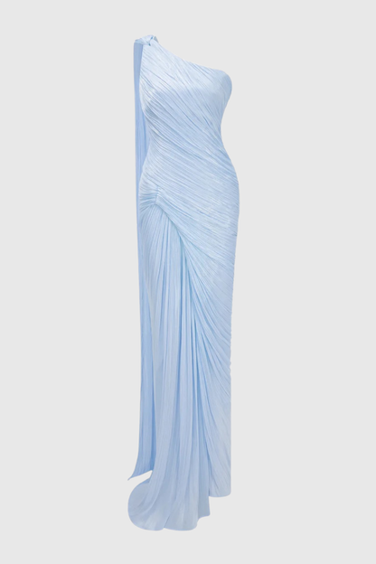 Thalassa One Shoulder Asymmetrical Pleated Maxi Dress - Blue