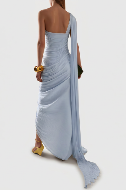 Thalassa One Shoulder Asymmetrical Pleated Maxi Dress - Blue