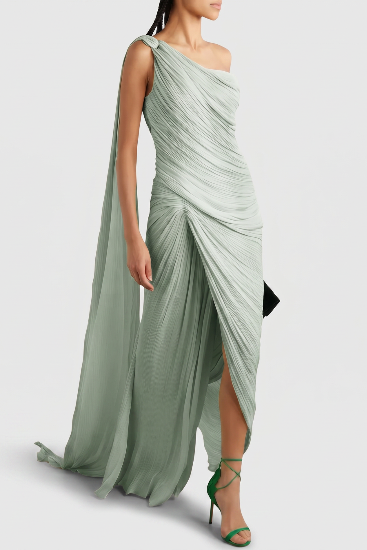 Thalassa One Shoulder Asymmetrical Pleated Maxi Dress - Green