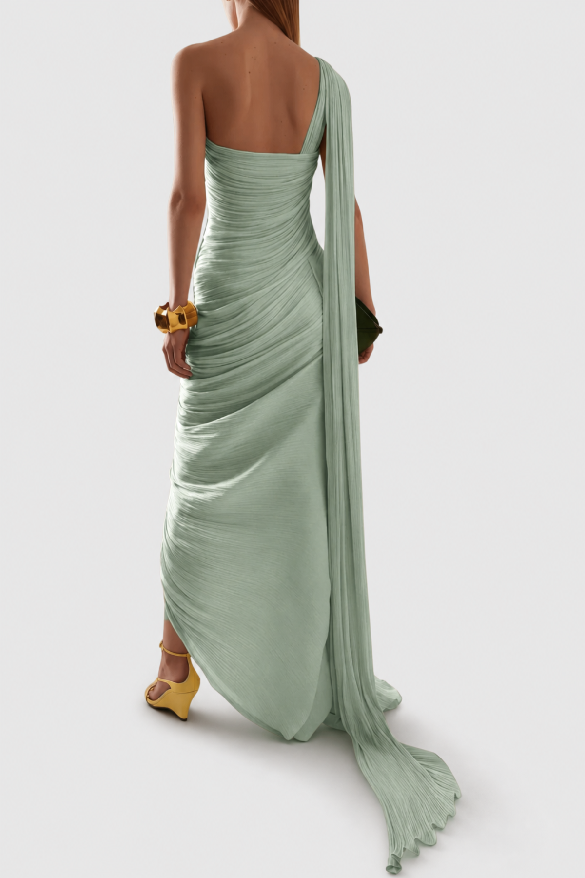 Thalassa One Shoulder Asymmetrical Pleated Maxi Dress - Green