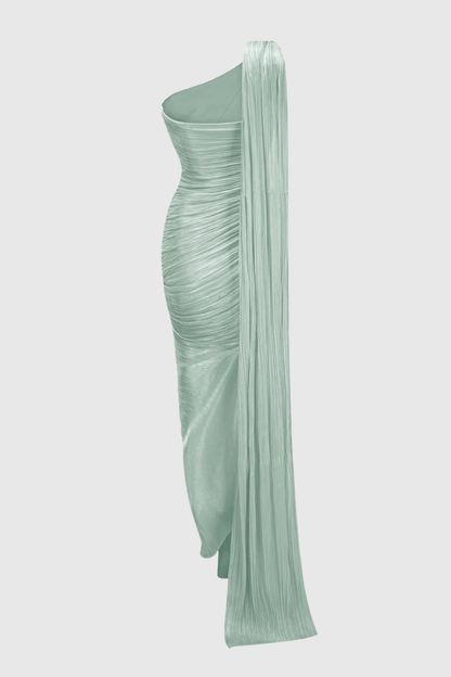 Thalassa One Shoulder Asymmetrical Pleated Maxi Dress - Green
