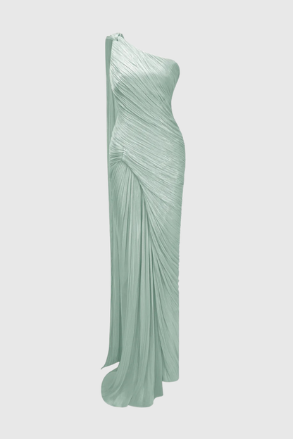 Thalassa One Shoulder Asymmetrical Pleated Maxi Dress - Green