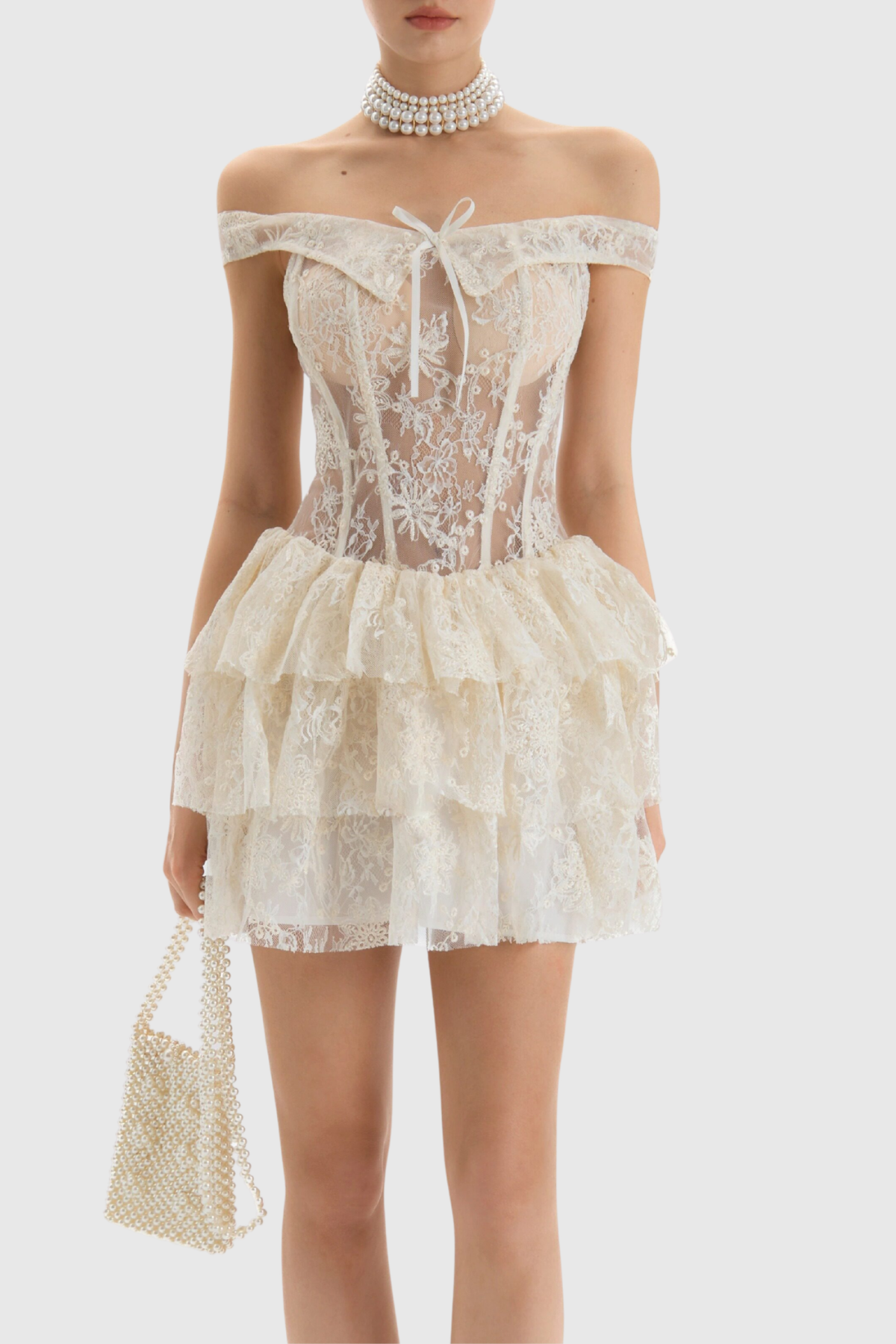 Thalaua Off Shoulder Lace Corset Mini Dress