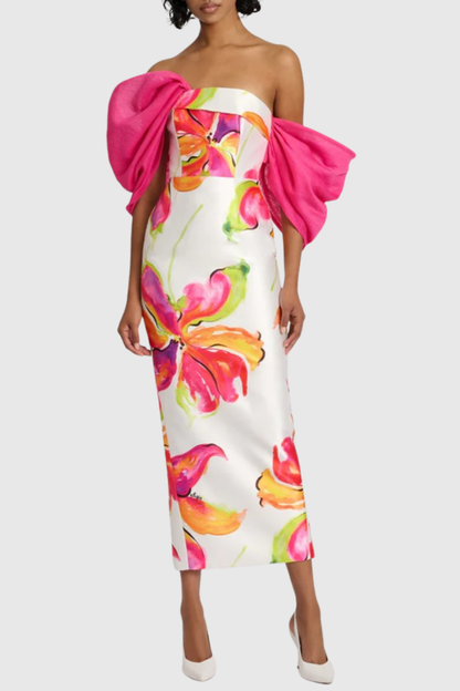 Thana Floral Print Off Shoulder Midi Dress
