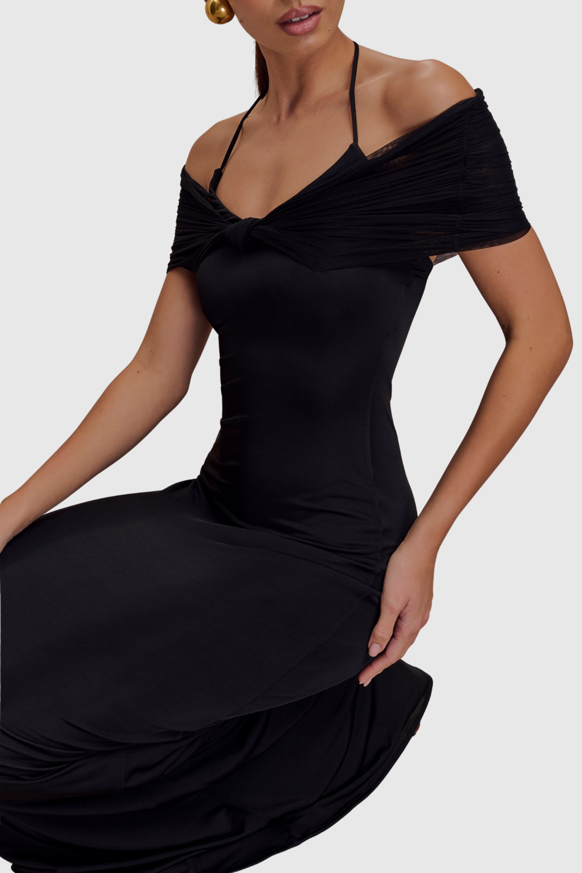 Tidiana Mesh Off Shoulder Maxi Dress - Black