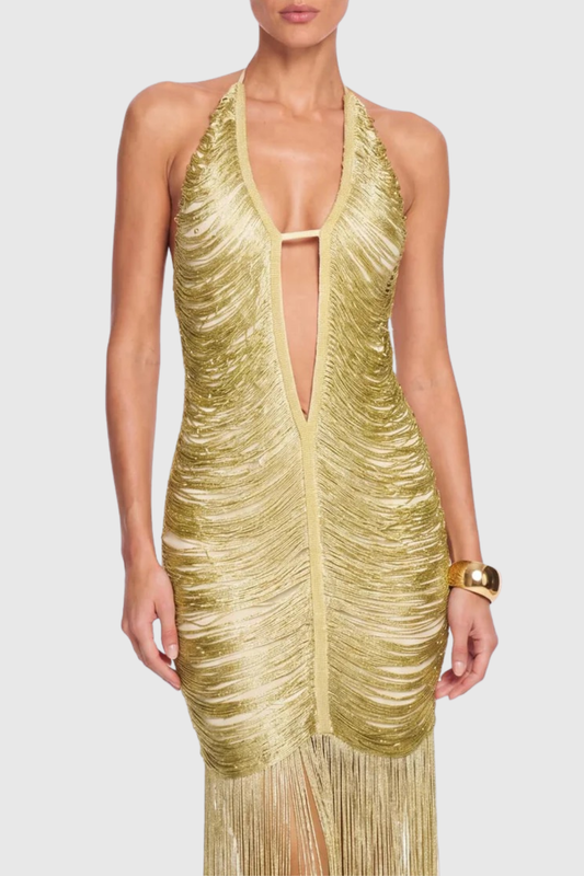 Tigerlia Halter Fringe Maxi Dress