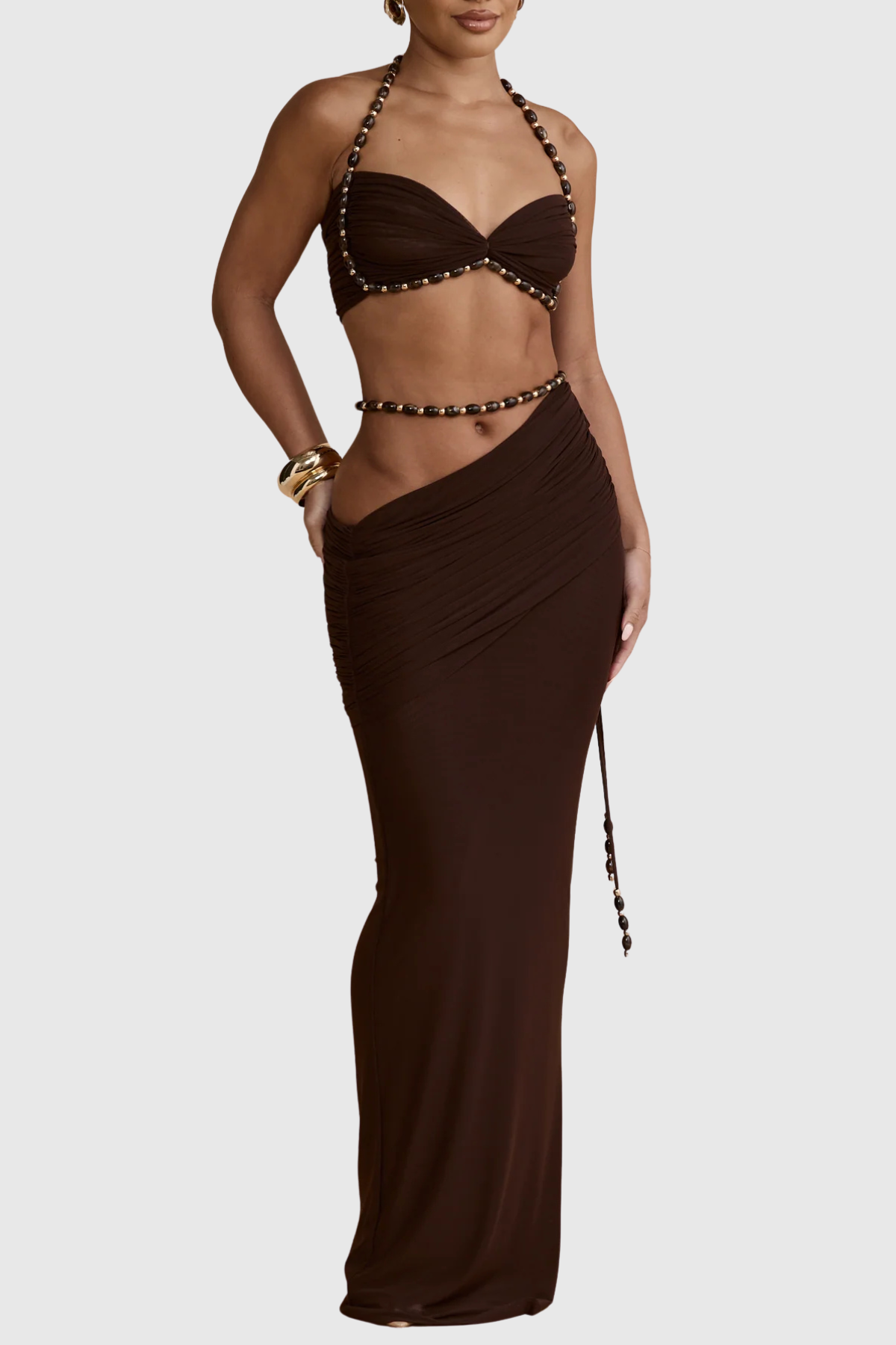 Tiggya Mesh Beaded Top & Maxi Skirt Set - Brown
