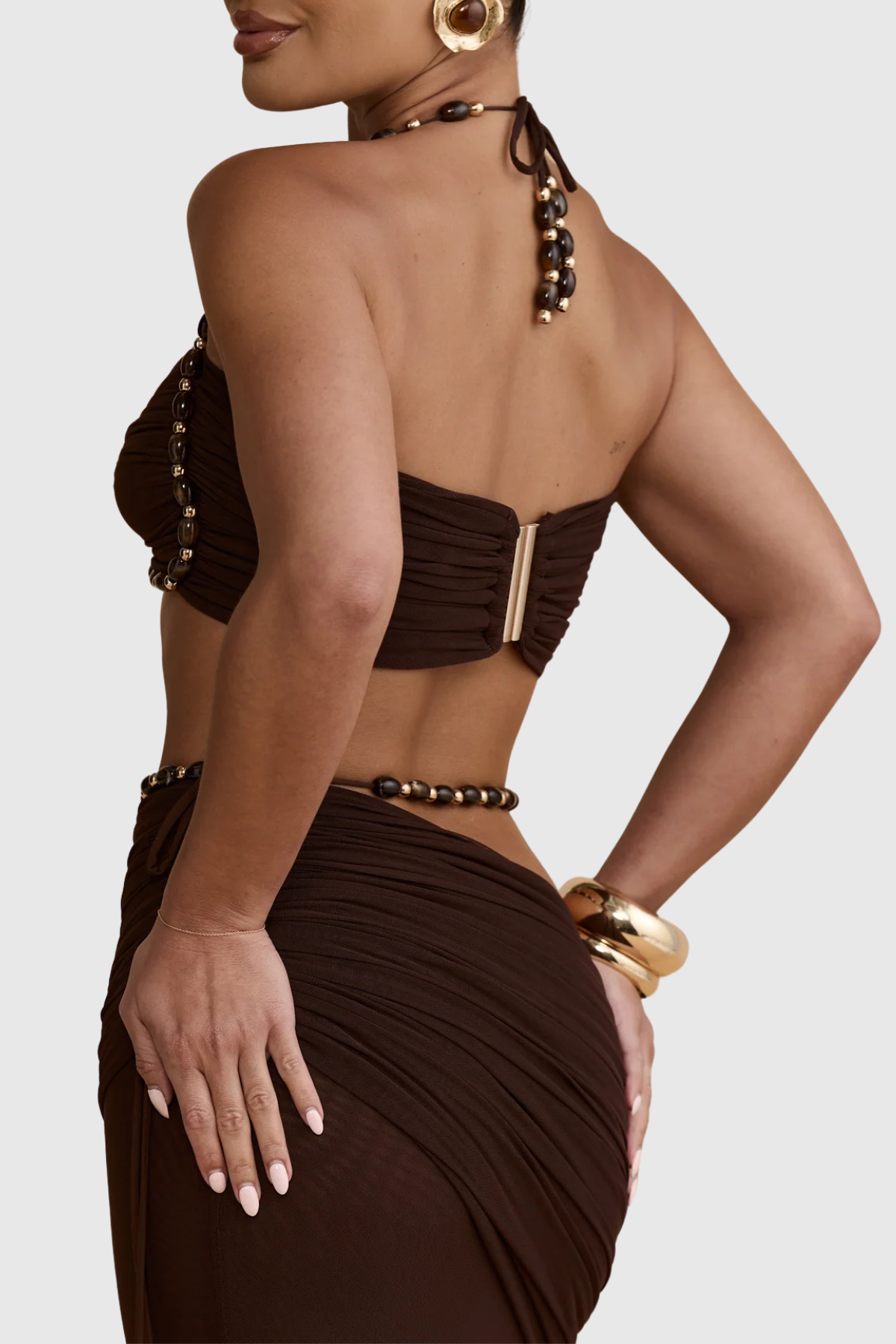Tiggya Mesh Beaded Top & Maxi Skirt Set - Brown
