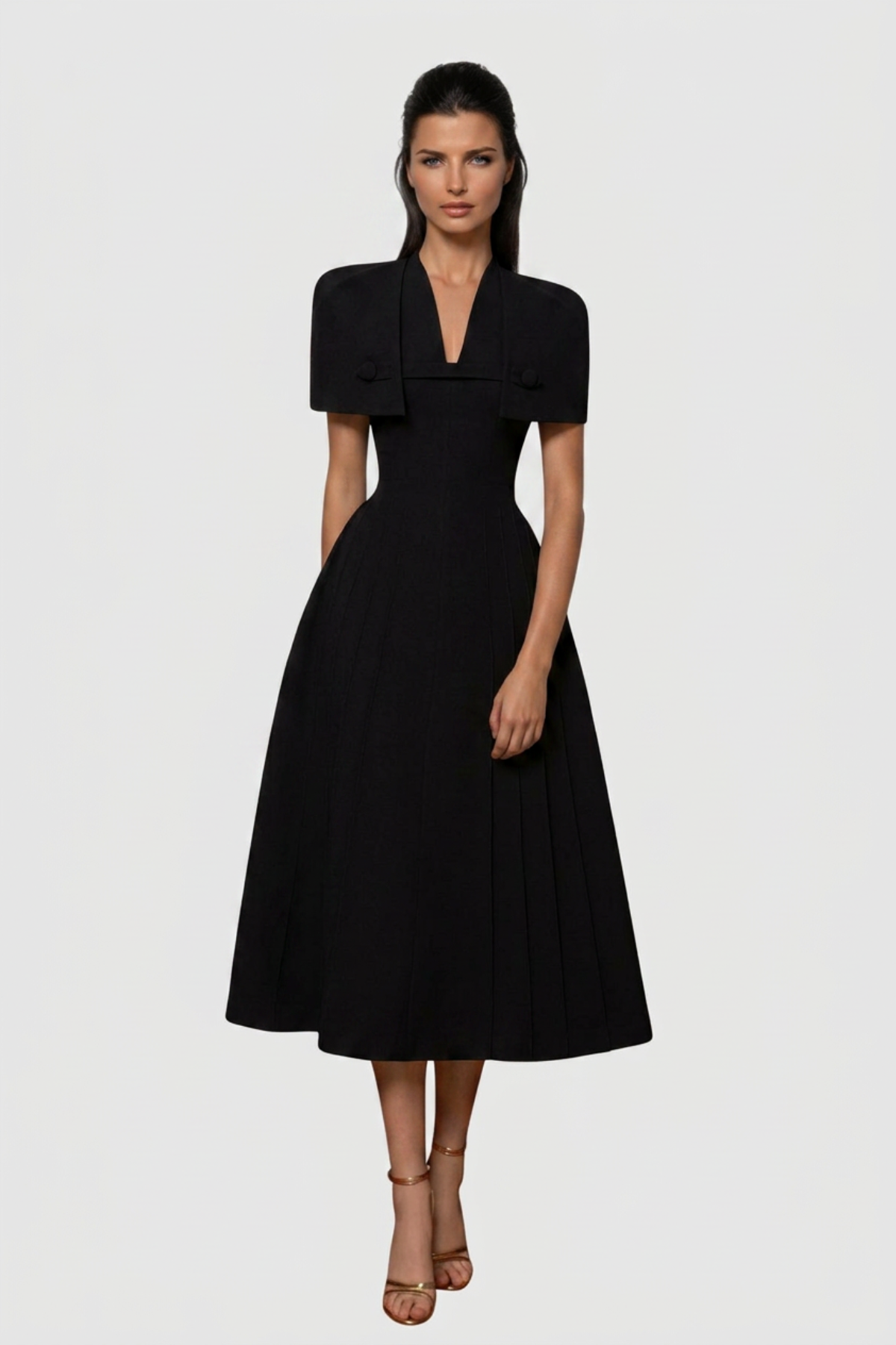 Timeaia Shawl Pleated Midi Dress - Black