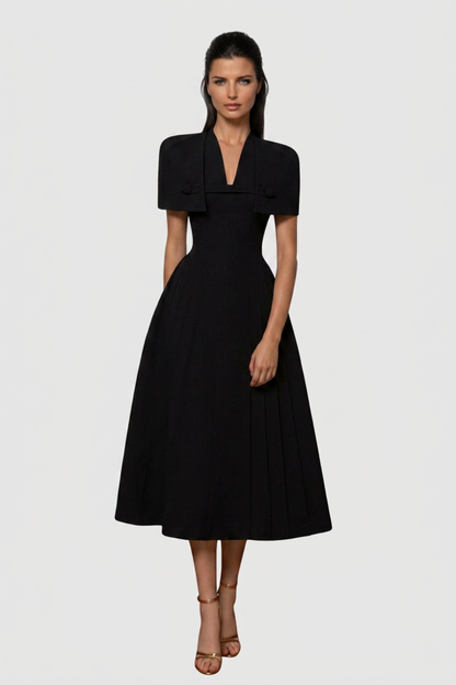 Timeaia Shawl Pleated Midi Dress - Black