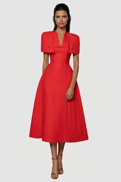 Timeaia Shawl Pleated Midi Dress - Red