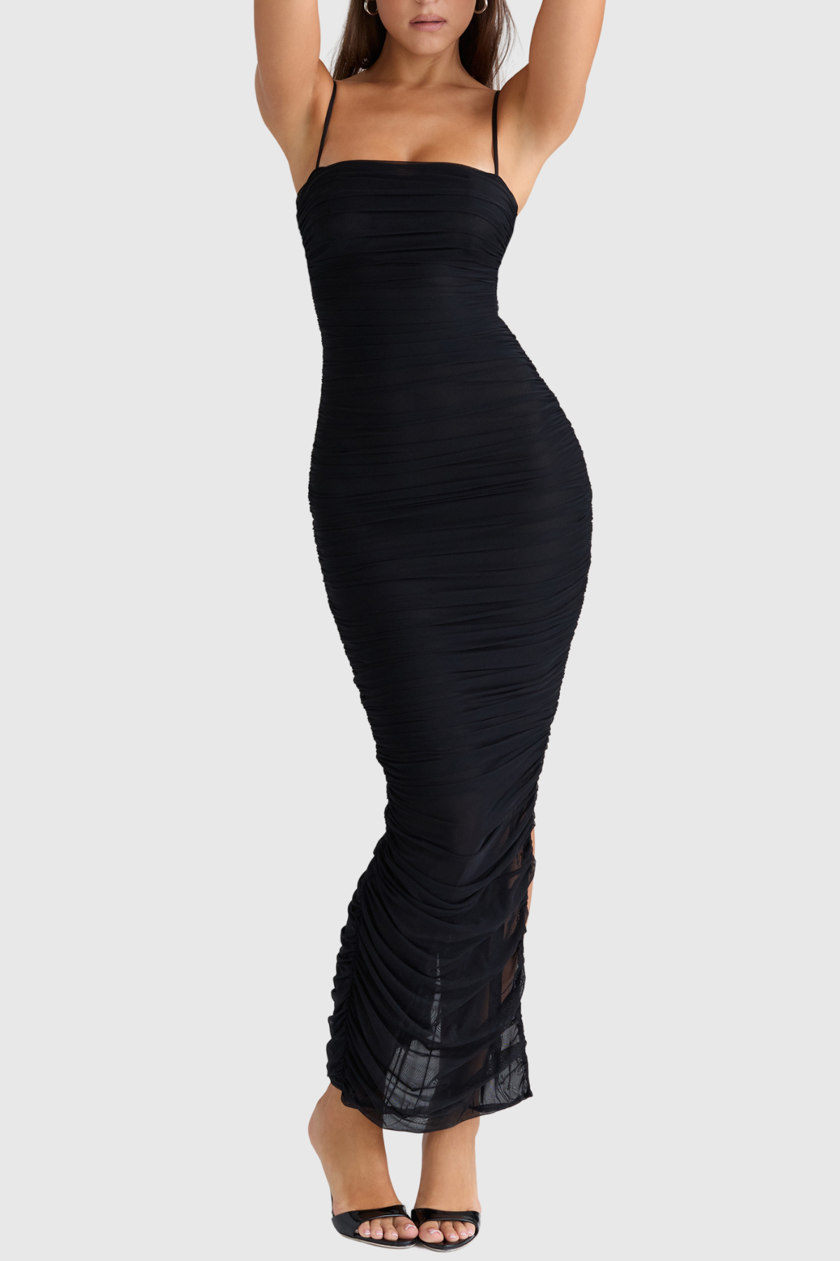 Timoth Mesh Ruched Maxi Dress - Black