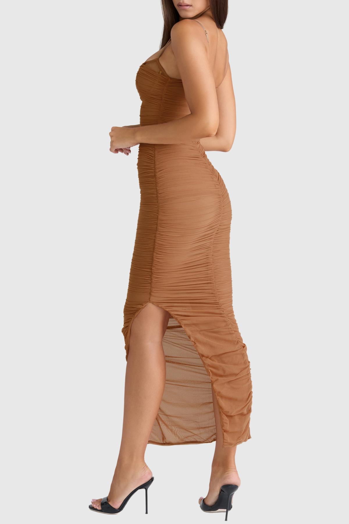 Timoth Mesh Ruched Maxi Dress - Brown